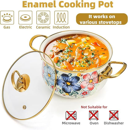 SOUJOY 3 Quart Enamel Cooking Pot with Glass Lid, Non-Stick Soup Pot with Handle, Vintage Floral Bean Stew Simmer Pot for Kitchen, Induction & Gas Stove Safe, Mother's Day, Wedding, Christmas Gift - Image 4