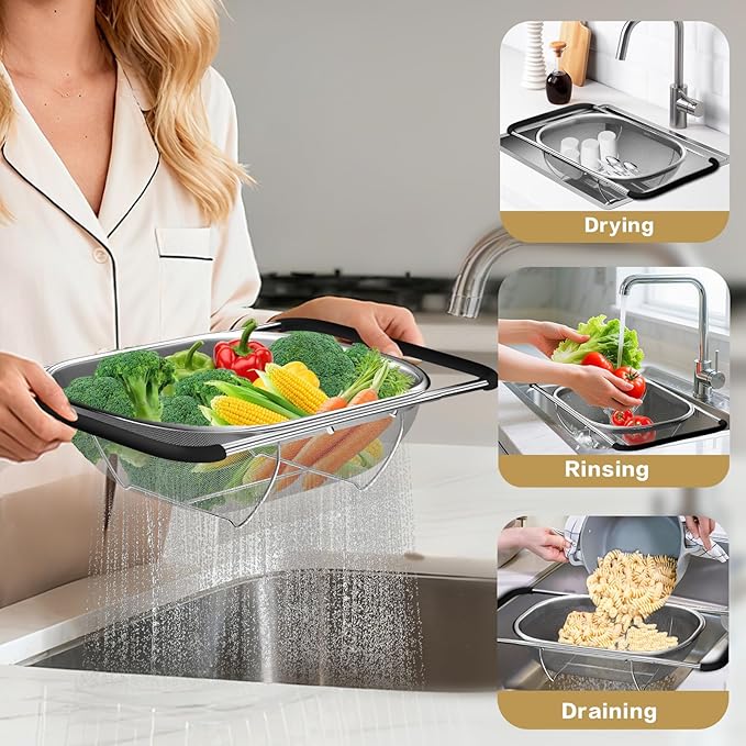 Over the Sink Colander - 6QT Strainers and Colanders - Stainless Steel Strainer - Expandable Sink Colander with Rubber Grip for Strain, Drain, Rinse Fruits, Vegetables, Home Kitchen Essentials - Image 2