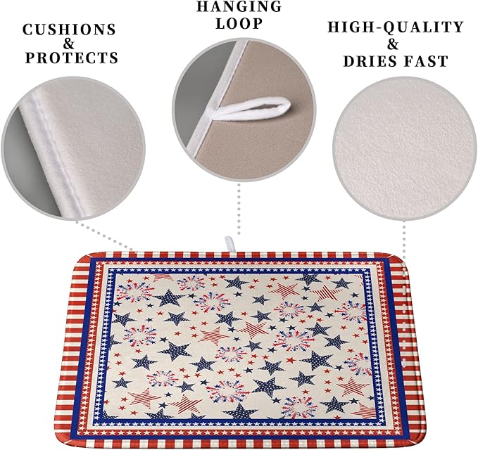 Happy 4th of July Patriotic Dish Drying Mat 16 x 18 Inch US Independence Day Vintage Star Kitchen Drying Mat Blue White Red Dish Drainer Mats Super Absorbent Dish Rack Pad for Coffee Bar Sinks - Image 3