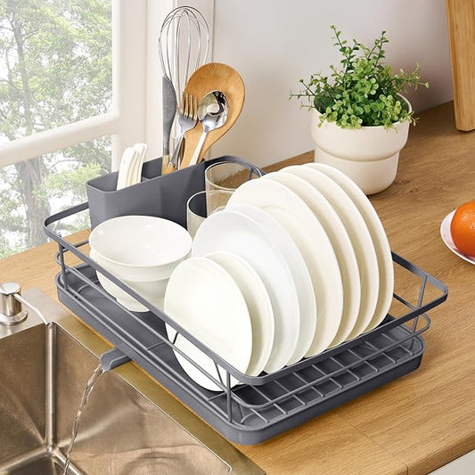 Dish Drying Rack 3 Piece Dish Drainer with Drainboard Set for Kitchen Counter – Dish Rack with Removable Utensil Holder & Swivel Spout for Countertop – DishRack for Plates, Cups & More, Gray