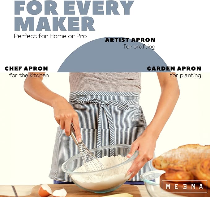 MEEMA Chef Waist Apron Cotton Fabric |Washable & Breathable Waitress & Server Half Aprons for Women with Pockets & Long Waist Straps | Cooking, Baking, Grilling & Crafting