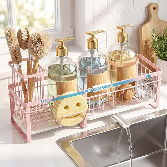 Aurblozen Extra Large Extendable Sponge Holder for Kitchen Sink, Rustproof Sink Caddy Organizer with High Brush Holder, Dish Soap Dispenser Organizers and Storage (Pink)