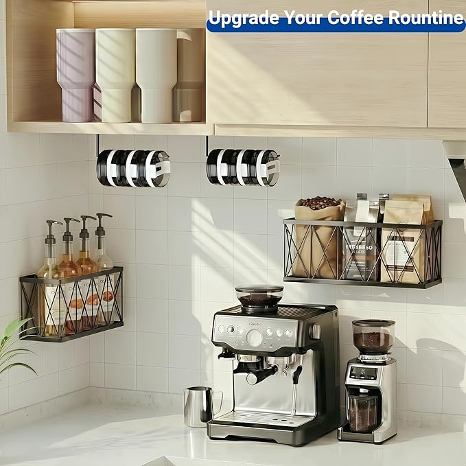 4 Pack Adhesive Cabinet Door Organizer, 2 Baskets + 2 Tumbler Lid Holders, Lid Organizer Inside Cabinet for Tupperware Pyrex Yeti Stanley, Pantry Door & Bathroom Wall Mounted Storage