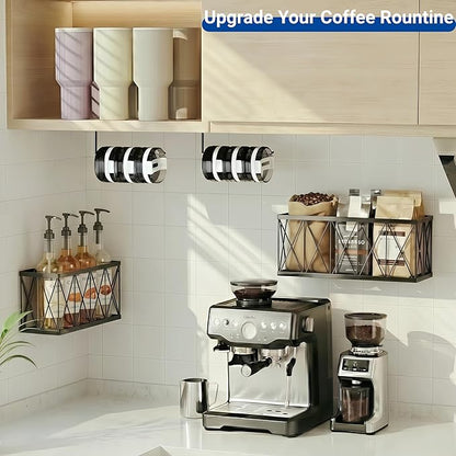 4 Pack Adhesive Cabinet Door Organizer, 2 Baskets + 2 Tumbler Lid Holders, Lid Organizer Inside Cabinet for Tupperware Pyrex Yeti Stanley, Pantry Door & Bathroom Wall Mounted Storage