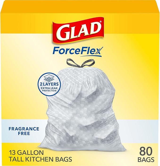 Glad ForceFlex Tall Kitchen Drawstring Trash Bags, 13 Gal, Fragrance Free, 80 Ct (Package May Vary) by GladTrashFoodStorage
