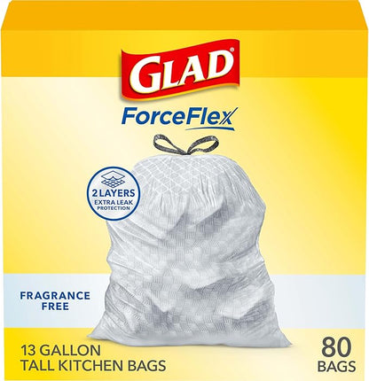 Glad ForceFlex Tall Kitchen Drawstring Trash Bags, 13 Gal, Fragrance Free, 80 Ct (Package May Vary) by GladTrashFoodStorage
