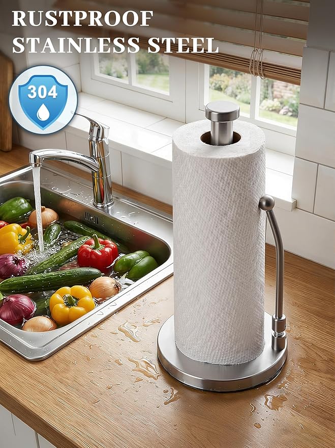 SMARTAKE Paper Towel Holder, Paper Towel Dispenser Standing Weighted Base Non Slip, Spring Arm for Easy Tear, Stainless Steel Paper Towel Holder for Home Kitchen Countertop Tabletop, Silver - Image 3