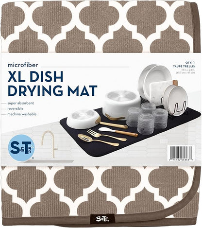 S&T INC. Dish Drying Mat XL, 18” x 24”, Absorbent Microfiber Kitchen Counter Mat, Dish Drying Pad for Dishes, Utensils, Pots and Pans, Extra Large, Taupe Trellis - Image 8