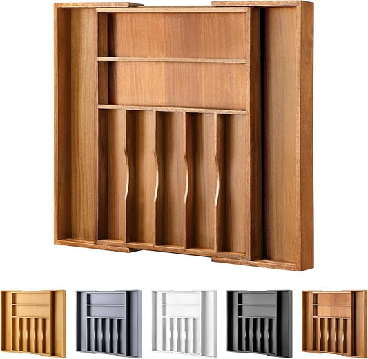 Large Premium Acacia Silverware Organizer - Expandable Drawer Organizer & Utensil Organizer - 17"x19.7" Cutlery Tray with Dividers for Kitchen Utensils and Flatware (7-9 Slots) Acacia by oridom