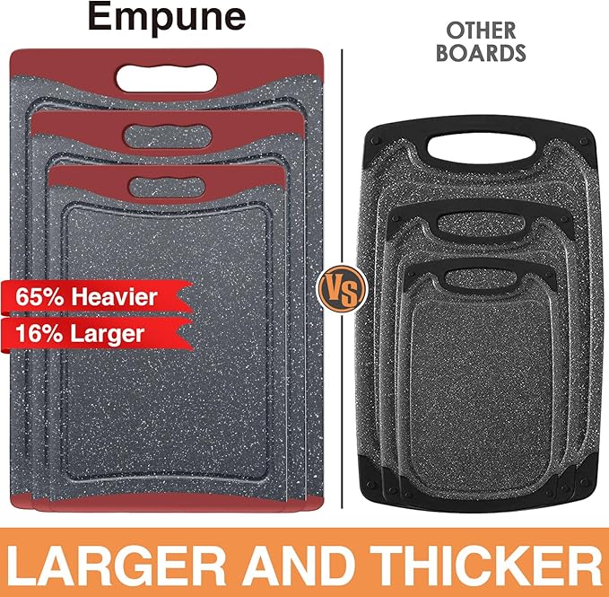 Extra Large Cutting Boards, Plastic Cutting Boards for Kitchen (Set of 3) Cutting Board Set Dishwasher Chopping Board with Juice Grooves Easy-Grip Handles, Red, Empune - Image 2