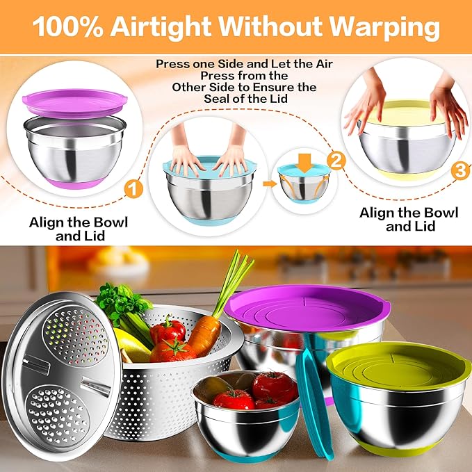 Nicdiet Mixing Bowls with Airtight Lids, Stainless Steel Mixing Bowl Set with 3 Metal Nesting Bowls, Colander & Grater, Non-Slip Bottoms, Size 1.5, 2.5, 5 QT, Great for Mixing & Serving, Mutilcolor - Image 2