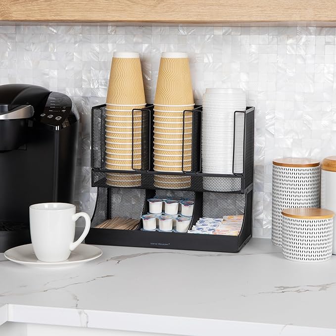 Mind Reader Multipurpose Countertop Organizer, Office Breakrooms, Cup and Condiment Station, Metal Mesh, Black - Image 2