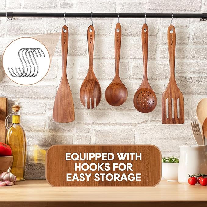 Wooden Spoons for Cooking, 8 PCS Teak Wood Cookware Utensil Set with Hooks - Smooth Finish, Non-Stick, Comfort Grip Cooking Spoons and Utensils Holder - Image 5