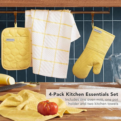 KITCHENAID Quilted Cotton Terry Cloth Oven Mitt, Pot Holder, Kitchen Towel 4-Pack Set, Heat Resistant, Silicone Grip, 16"x26", 7"x13" & 7"x10", Butter Yellow - Image 3