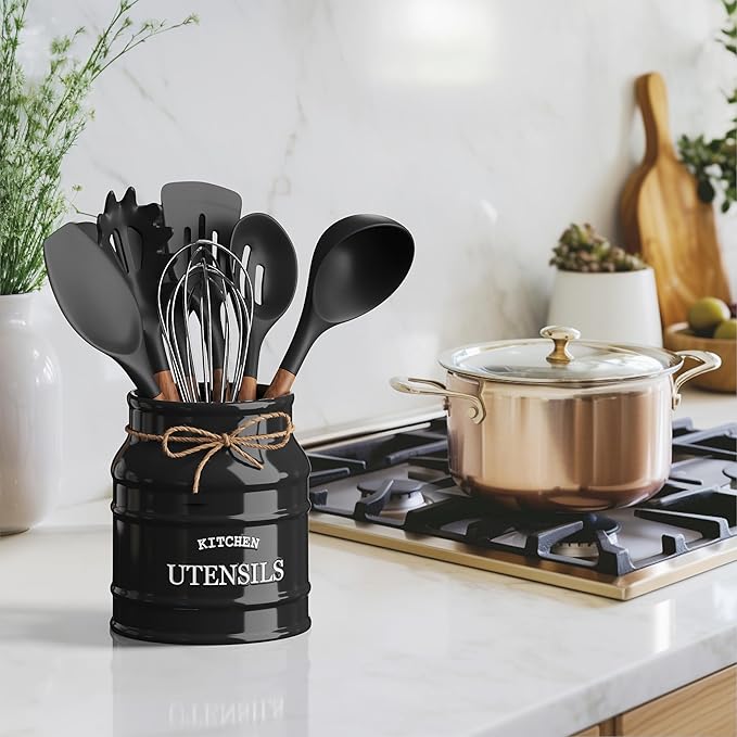 Barnyard Designs Ceramic Farmhouse Utensil Holder for Kitchen Counter, Large Rustic Utensil Crock, Countertop Cooking Tool Spatula Organizer, 6.75” (Black) - Image 3