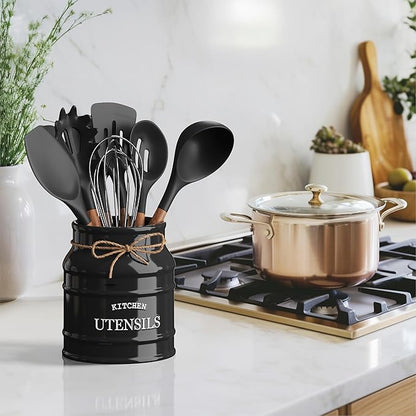 Barnyard Designs Ceramic Farmhouse Utensil Holder for Kitchen Counter, Large Rustic Utensil Crock, Countertop Cooking Tool Spatula Organizer, 6.75” (Black) - Image 3