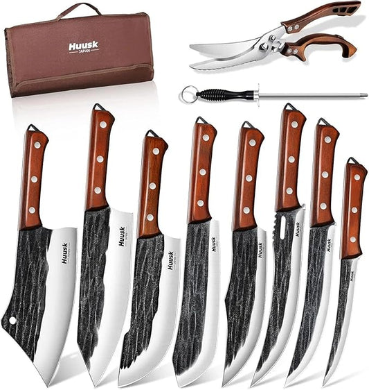 Huusk Butcher Knife Set, Hand Forged Butcher Chef Knife Set with Bag, Sharp Meat Cleaver & Bbq Carving Knives & Boning Breaking Knives for Kitchen & Camping, Christmas Gifts for Men Women by HuuskKnife