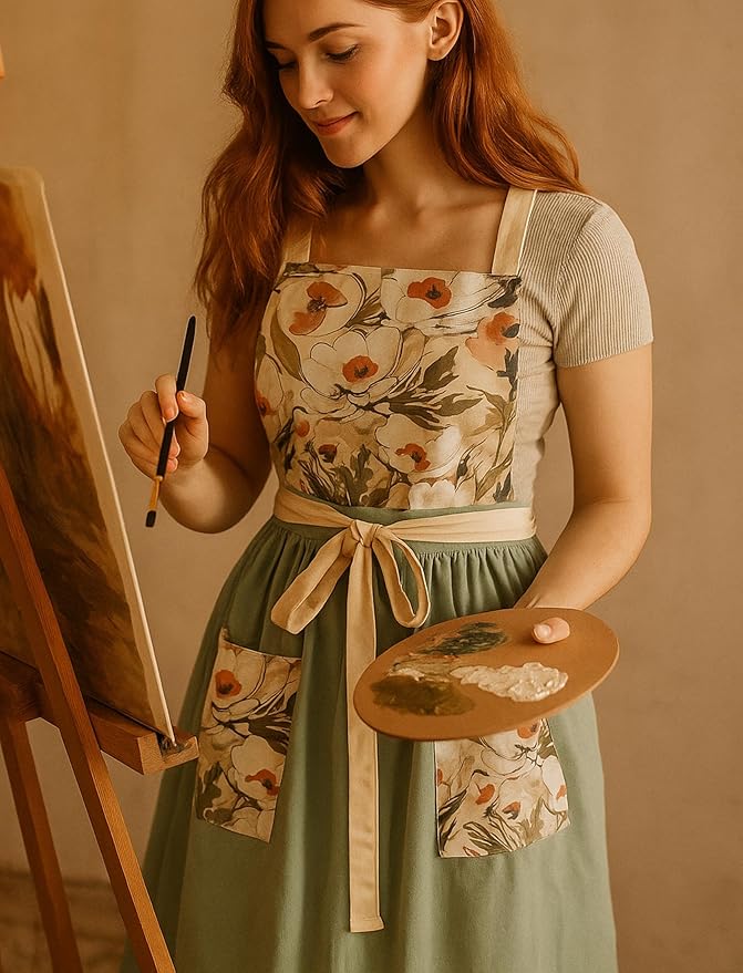 Pinknoke Vintage Pinafore Apron Dress for Women with Pockets Cute Floral Chef Aprons for Kitchen Cooking Baking Gardening - Image 7