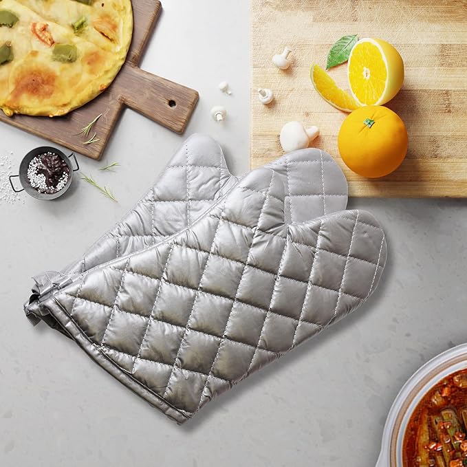 Silver Oven Mitts,Quilted Cotton Lining 13 Inch Oven Gloves,Heat Resistant for Kitchen Cooking,Grilling,Backing,Set of 2 - Image 2