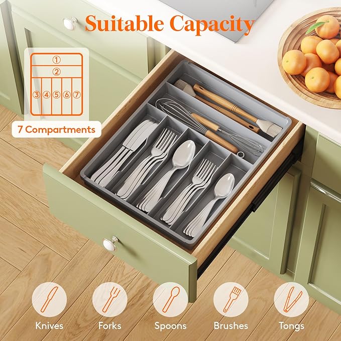 Lifewit Silverware Drawer Organizer Tray, Plastic Cutlery Storage for Kitchen, Flatware and Utensil Holder Divider for Spoons Forks Knives Tableware, 12.3 x 16", 7 Slots, Gray - Image 4