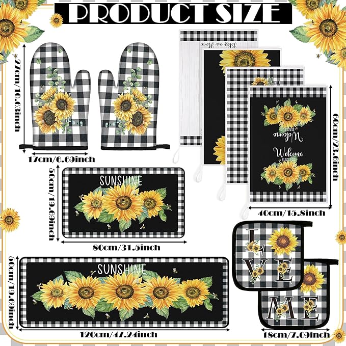 Fourluoo 10 Pcs Sunflower Kitchen Decor 4 White and Black Buffalo Plaid Kitchen Towels 2 Buffalo Check Pot Holders 2 Rustic Sunflower Oven Mitts 2 Yellow Rugs for Cooking Baking Mom Housewarming Gift - Image 3