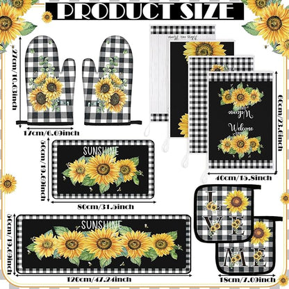 Fourluoo 10 Pcs Sunflower Kitchen Decor 4 White and Black Buffalo Plaid Kitchen Towels 2 Buffalo Check Pot Holders 2 Rustic Sunflower Oven Mitts 2 Yellow Rugs for Cooking Baking Mom Housewarming Gift - Image 3