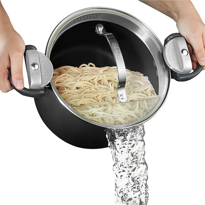 GOTHAM STEEL 5 Qt Nonstick Pasta Pot with Strainer Lid & Twist and Lock Handles, Ceramic Stock Pot with Tempered Glass Lid, Metal Utensil Safe, for Spaghetti Soup & Noodles, Dishwasher Safe, Black by GothamSteel