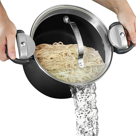 GOTHAM STEEL 5 Qt Nonstick Pasta Pot with Strainer Lid & Twist and Lock Handles, Ceramic Stock Pot with Tempered Glass Lid, Metal Utensil Safe, for Spaghetti Soup & Noodles, Dishwasher Safe, Black by GothamSteel