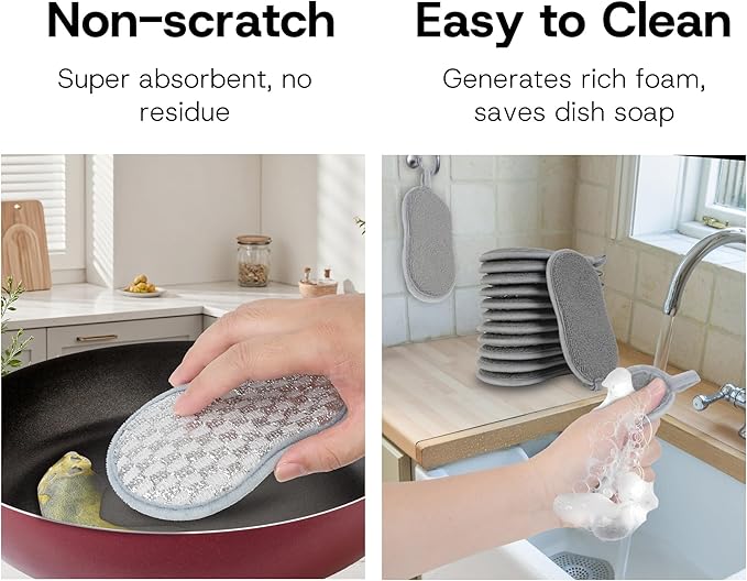 Multi-Purpose Scrub Kitchen Sponges – 12 Pack Dish Sponge, Dual-Sided Non-Scratch Microfiber & Metal Scrubber, Reusable Sponges for Dishes, Pots, Glass, Sink, Stovetop & Bathroom (Gray) - Image 5