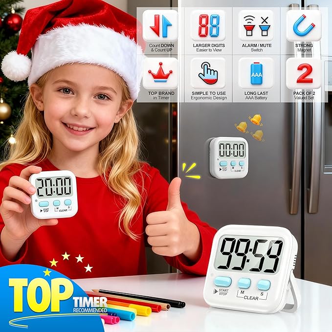 Antonki 2 Pack Digital Timer for Kids, Magnetic Countdown Kitchen Timers for Cooking, Egg, Classroom, Teacher, Exercise, Study, Oven - Battery Included - Image 3