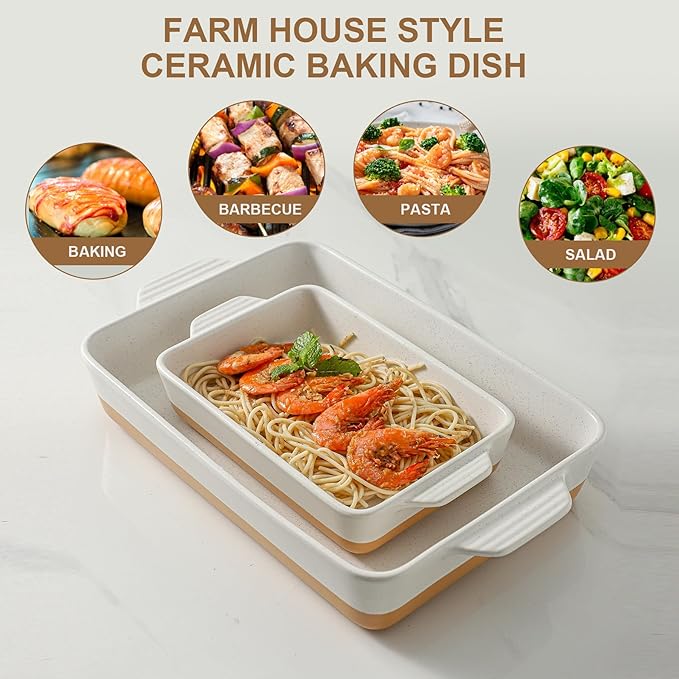 Ceramic Baking Casserole Dish with Handles, Large 9x13 inch Pan and Middle Baking Pan - Porcelain Serving Bakeware Set (Farmhouse White) - Image 2