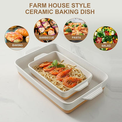 Ceramic Baking Casserole Dish with Handles, Large 9x13 inch Pan and Middle Baking Pan - Porcelain Serving Bakeware Set (Farmhouse White) - Image 2