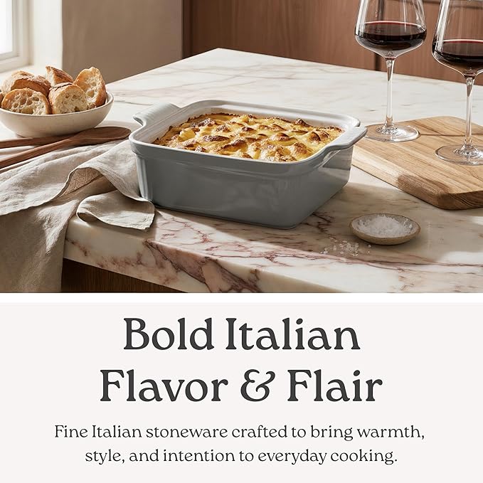 ROSSALLINI Stoneware Casserole Dish Bakeware with Lid | Covered Square Dinnerware | Large 2.5 Quart, [Modern Grey]
