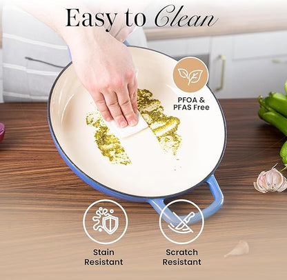 Shallow Cast Iron Casserole with Lid – Non Stick Dutch Oven Pot, Oven Safe up to 500° F – Sturdy Ovenproof Stockpot Cookware – Enamelled Cooking Pot – Dark Blue, 3.7-Quart, 30cm – by Nuovva
