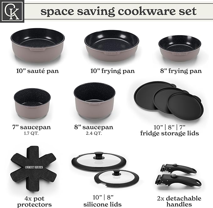 Country Kitchen Cookware Set with Removable Handle, Oven & RV Safe Pots and Pans Set, Grey/Black, Original - Image 3