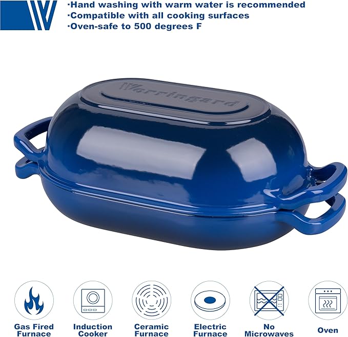VORRINGARD Enameled Cast Iron Sourdough Bread Oven, Dutch Oven, Loaf Cast Iron Bread Pan for Homemade Bread Baking, Meatloaf Pan with Lid, 7QT, Blue - Image 3