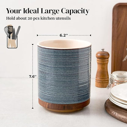DOWAN 360° Rotating Extra Large Cooking Utensil Holder, 7.6" Kitchen Utensil Holder for Countertop, Utensil Crock for Farmhouse Kitchen Decor, Ceramic Stable Utensil Caddy, Blue - Image 2