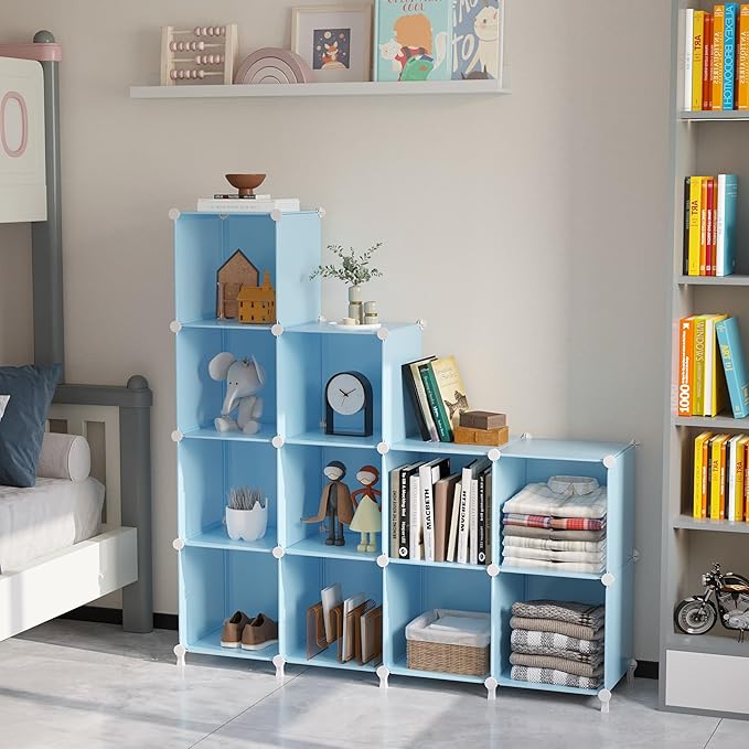 AWTATOS Cube Storage Organizer Protable Closet Organizers and Storage for Kids DIY Stackable 12 Cube Storage Shelves Clothes Organizer for Bedroom, Home, Blue - Image 5