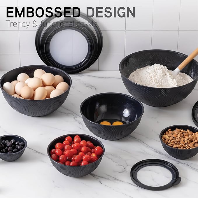 COOK WITH COLOR Mixing Bowls with Lids - 12 Piece Plastic Nesting Bowls Set includes 6 Prep Bowls and 6 Lids, Microwave Safe Mixing Bowl Set, Black Rhombus - Image 6