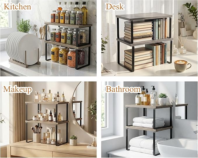 Marsui 4 Pcs Kitchen Organizer Accessories Set Cabinet Organizer Shelf and Bamboo Dish Drying Plate Rack Counter Shelves Storage Holder for Spice Rack, Dish, Pot Lid, Bowl, Cup (Gray) - Image 7