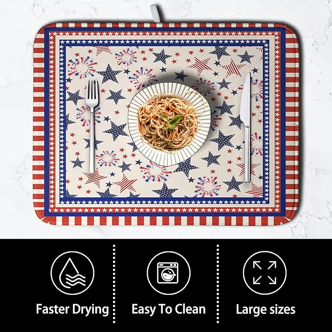 Happy 4th of July Patriotic Dish Drying Mat 16 x 18 Inch US Independence Day Vintage Star Kitchen Drying Mat Blue White Red Dish Drainer Mats Super Absorbent Dish Rack Pad for Coffee Bar Sinks - Image 4