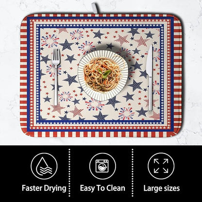 Happy 4th of July Patriotic Dish Drying Mat 16 x 18 Inch US Independence Day Vintage Star Kitchen Drying Mat Blue White Red Dish Drainer Mats Super Absorbent Dish Rack Pad for Coffee Bar Sinks - Image 4