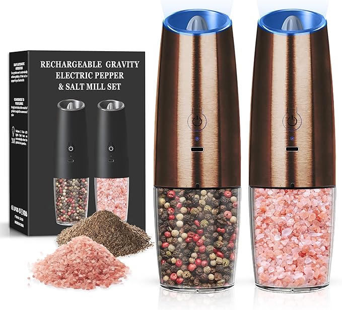 Rechargeable Salt And Pepper Grinder Set with LED Light, Automatic Electric Gravity Salt And Pepper Shakers Set, No Battery Needed, Adjustable Roughness, 2 Pack (Copper) by Unknown