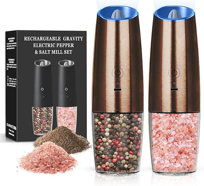Rechargeable Salt And Pepper Grinder Set with LED Light, Automatic Electric Gravity Salt And Pepper Shakers Set, No Battery Needed, Adjustable Roughness, 2 Pack (Copper) by Unknown
