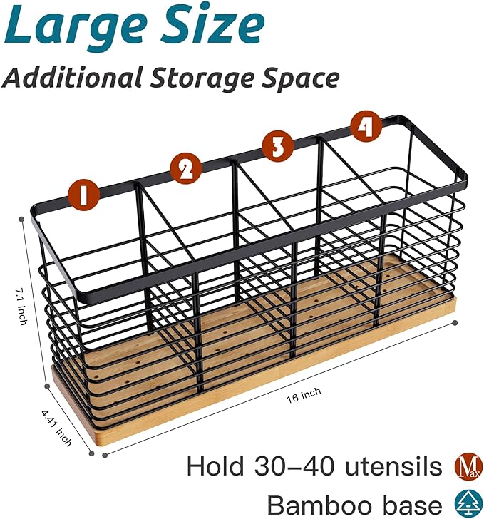 Suli Extra Large Kitchen Utensil Holder with 4 Compartments, Matte Black Metal holder with Wooden Base for Countertop, Farmhouse Cooking Utensil Storage, Rustic Cooking Utensil Organizer - Image 2