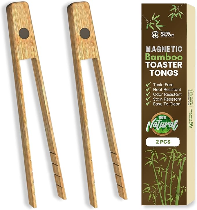 Toaster Tongs With Magnet | Bamboo Kitchen Utensils For Cooking & Holding Toast Bacon Muffin Bagel Bread | 8" Long Natural Toxic Free Magnetic | 2pcs Set by ThreeWayCut