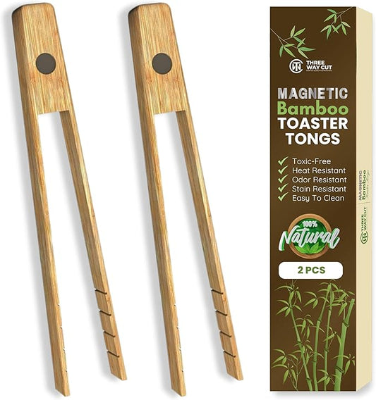 Toaster Tongs With Magnet | Bamboo Kitchen Utensils For Cooking & Holding Toast Bacon Muffin Bagel Bread | 8" Long Natural Toxic Free Magnetic | 2pcs Set by ThreeWayCut