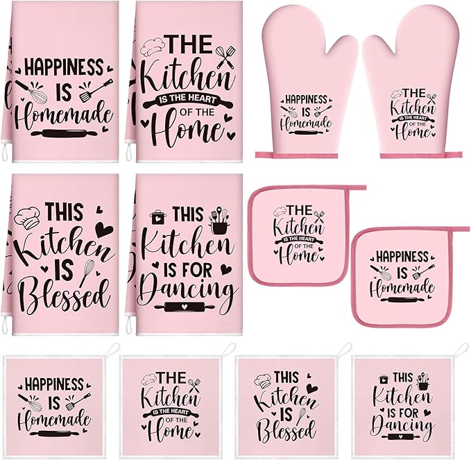 Bencailor 12 Pcs Farmhouse Kitchen Decorations Sets 8 Pink Black Kitchen Dish Towels 2 Pot Holders 2 Oven Mitts Glove Rustic Hand Towels and Dishcloths for Home Accessories Mom Gifts