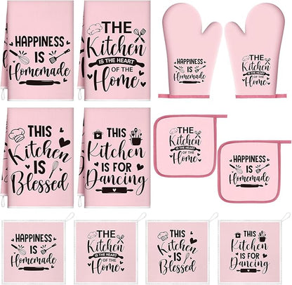 Bencailor 12 Pcs Farmhouse Kitchen Decorations Sets 8 Pink Black Kitchen Dish Towels 2 Pot Holders 2 Oven Mitts Glove Rustic Hand Towels and Dishcloths for Home Accessories Mom Gifts