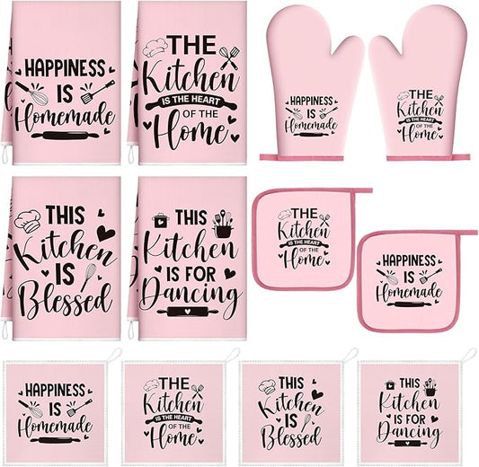 Bencailor 12 Pcs Farmhouse Kitchen Decorations Sets 8 Pink Black Kitchen Dish Towels 2 Pot Holders 2 Oven Mitts Glove Rustic Hand Towels and Dishcloths for Home Accessories Mom Gifts